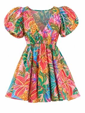 SHEIN Multi-Color Tropical Puff-Sleeve Mini Dress